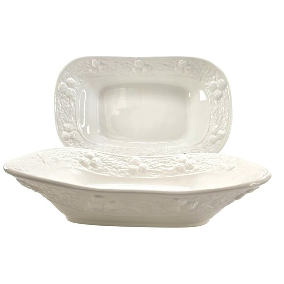 Oblong Serving Dish Set 14" White Embossed Fruit Ceramic Italy CWC jj3701 - Picture 3 of 6